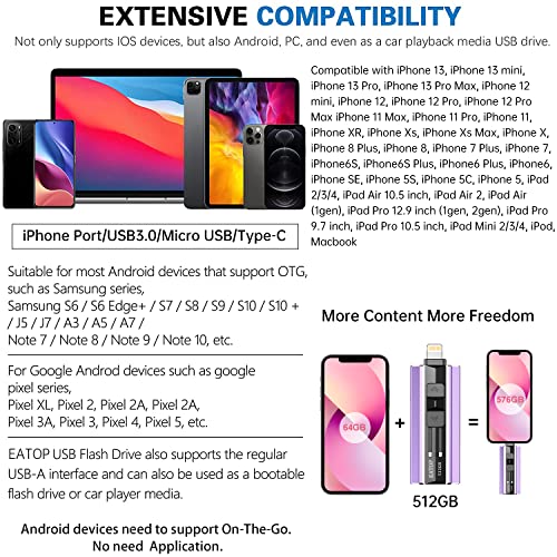 Image of EATOP USB Flash Drive 512GB iPhone Memory Stick Storage for Photos and Videos, iPhone Mobile Photo Stick Storage Flash Thumb Drive Compatible with iPhone iPad Android and Computers (Purple)
