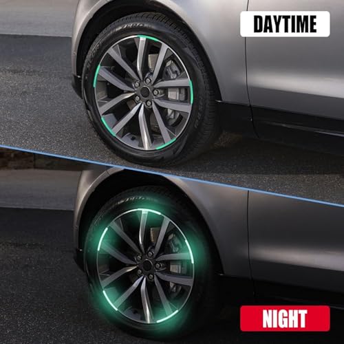 Image of Car Tyre Rim Reflective Stickers for Cars & Bikes, Night Visibility Warning Wheel Trim Safety Reflector Strips Waterproof Night Visibility Self Adhesive Universal Fit (Pack of 20, Neon)