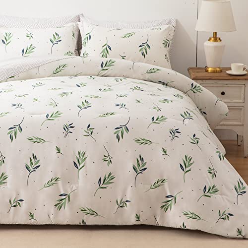 Image of EMME Twin Comforter Set - Sage Green Floral Bedding Sets 5 PCS with Nature Leaves Pattern, Soft Leaf Printed Botanical Bed Set with Sheets, Fluffy Bed Bag for All Season(68 inchX90 inch)