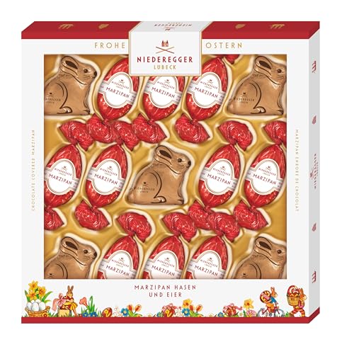 Niederegger | Marzipan Hasen & Eier | 1x 187g | Edle Geschenkpackung gefüllt mit Marzipan Hasen & Eier umhüllt von Zartbitter-Schokolade | Ostereier | Osterpräsent