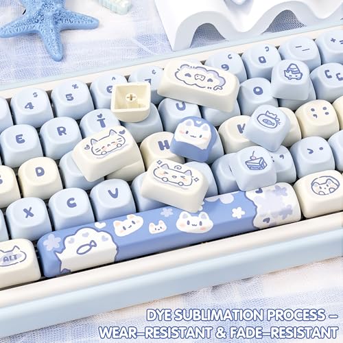 Image of KEYFLICK PBT Keycaps Salty Cat Blue White Cute for Cherry MX Key Cap