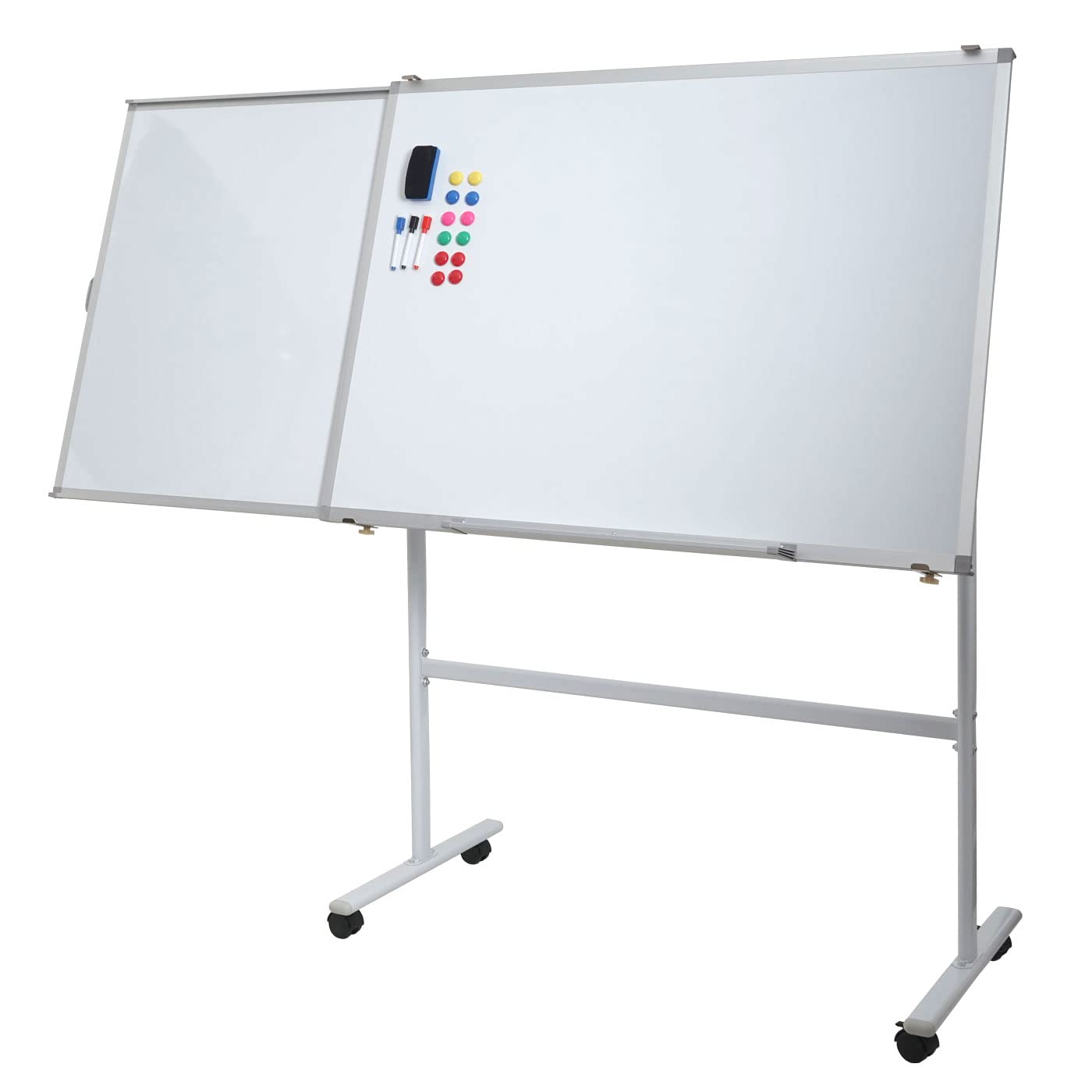 Whiteboard HWC-C85b, mit ausziehbarer Tafel Magnettafel Memoboard Pinnwand, mobil rollbar inkl. Zubehör, 167x186cm