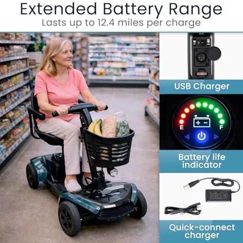 Vive Mobility Scooter for Adults - 4 Wheel Powered Electric Scooter w/Seat for Seniors - 400 lbs Capacity & Extended Range Battery w/Charger - Headlight, Basket & Extra Foot Space