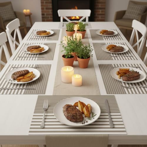 Image of YELONA Dining Table Placemats Set of 8 - Heat-Resistant, Non-Slip, Washable & Stain Resistant Woven PVC Vinyl Table Mats for Kitchen & Dining - 45 x 30 cm, PeachBrown & White