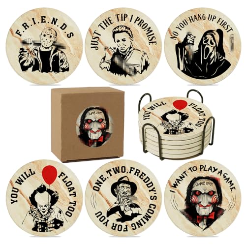 Halloween Horror Coasters for Drinks,6PCS Spooky Coasts Set with Coaste Holder,Stone&Cork Coaster for Coffee Table,Scary Killer for Home Decor,Merchandise Show Gifts