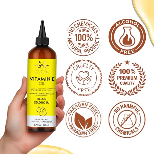 Image of AVD ORGANICS Pure Vitamin E Oil for Skin, Scars, Hair & Face - 30,000 IU |100% Pure and Natural A Tocopherol | For Face, Hair & Nail moisturiser | Cold Pressed Hexane Free | 6.7 fl oz (200ML)