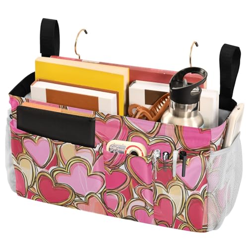 FRODOTGV Bedside Hanging Storage Basket Bag With Organizer Pockets for Remotes Phone,College Dorm,Camp,Baby Bed Rails Valentines Day Golden Pink Love
