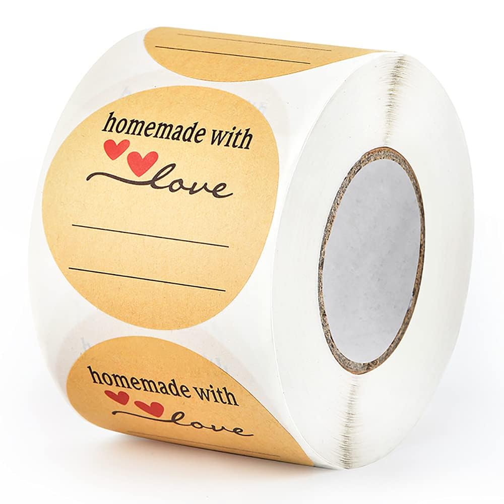 2 Inch Natural Brown Kraft Stickers (500 Per Roll), Homemade with Love Sticker with Lines for Writing (Permanent Adhesive) for Store Owners, Crafts, Organizing, Jar and Canning Labels