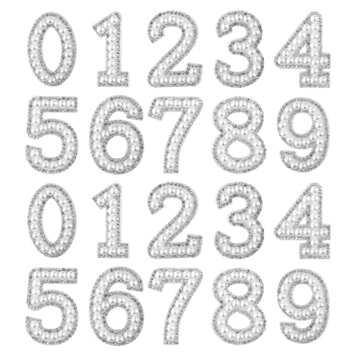 20 Pcs Pearl Number Patches 0-9 Iron on Numbers Rhinestone Applique Pearls Number Self Adhesive 1.8 Inch Sew on Cloth Patch Pearl Numbers Stickers for Clothes Bags Hats Shoes Scrapbook Backpack