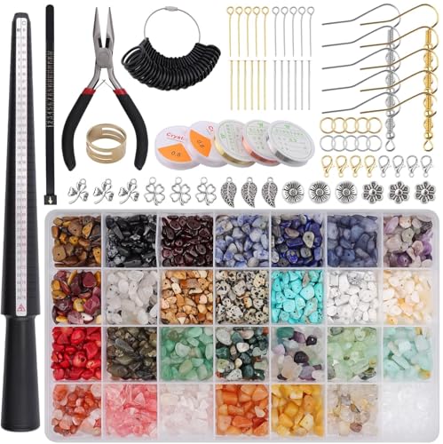 TOROKOM 1700+ Kit de fabricación de joyas con cuentas de cristal, 28 colores de piedra de cristal natural, juego de fabricación de anillos con alambre colgante, alicates, mosquetón para collares