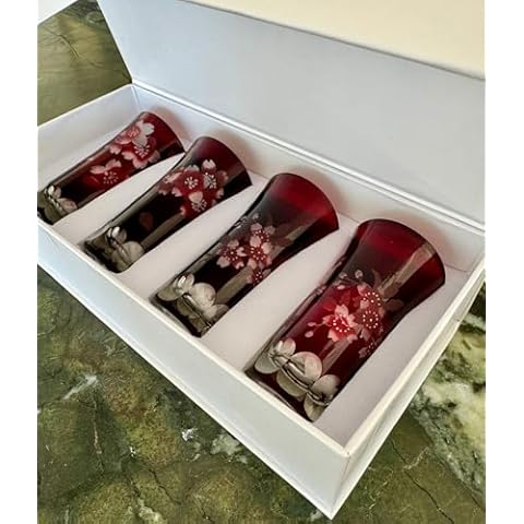 TDL-brand Hand-Cut Glasses, Japanese Style, Edo Kiriko, Set of Four, Gift Box (SUPER RED) Cover