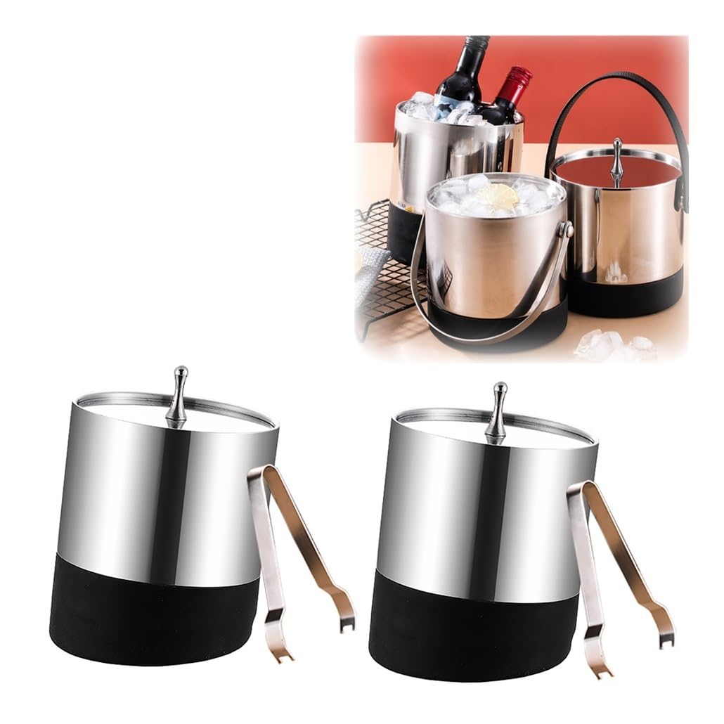 2er-Pack 1,4 l doppelschichtiger hohler Edelstahl-Eiskübel for Eiswürfel, vakuumisolierte Eiswanne mit luftdichtem Deckel und Eiszange(A)