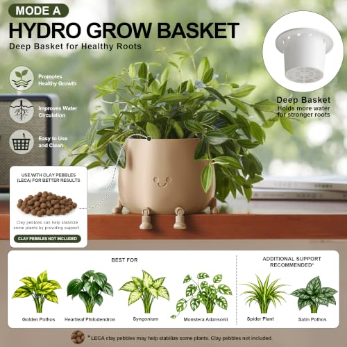 Image of TOPOLA 5.2 Inch Hydroponic Happy Face Planter with 3 Interchangeable Grow Baskets, Water Culture Pot for Pothos, Lucky Bamboo & Plant Propagation, Decorative Desktop Planter for Home & Office, Khaki