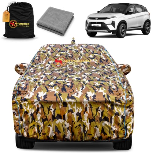 Image of Tata Nexon 100% Waterproof Car Cover for All Weather Protection with Mirror & Antena Pocket Inner Cotton Layer Triple Stitched Cover with Adjustable Belt Bottom Elastic to Secure Fit-Jungle