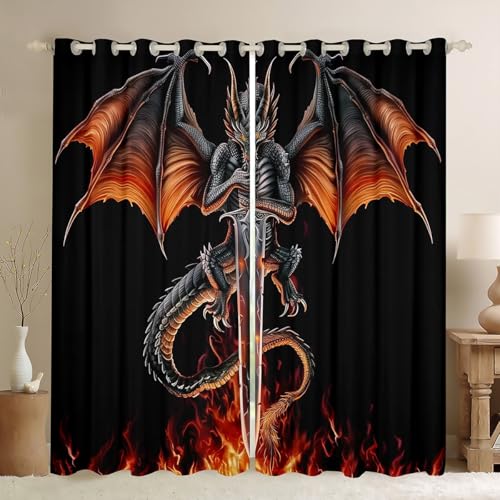 Feelyou Medieval Dragon 30%-50% Blackout Curtains (2 Panels, 52 x 63 Inch) Sword Fire Pattern Darkening Drapes Ancient Wildlife Curtains for Bedroom Living Room
