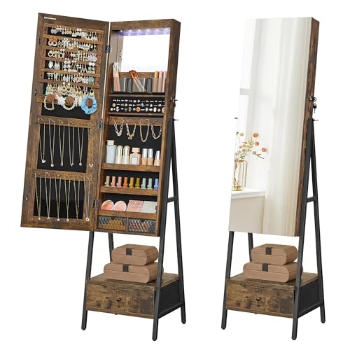 SONGMICS Lockable Jewelry Armoire with Mirror Brown
