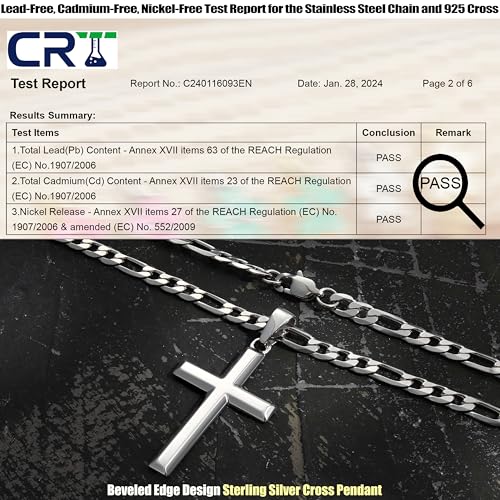 MILACOLATO 925 Sterling Silver Cross Necklace for Men Women, 5mm Stainless Steel Diamond-Cut Durable Figaro Link Chain or Cuban Link Curb Chain for Men, Mens Silver Crucifix Cross Pendant Necklaces Jewelry 16-30 Inches3