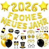 Silvester Deko 2026 XXL Party Set, 2026 Folienballons Frohes Neues Jahr Ballon, Schwarz Gold Neujahr Deko Luftballon, Glitzer Vorhänge, Foto Requisite, Happy New Year Dekoration für Silvesterparty