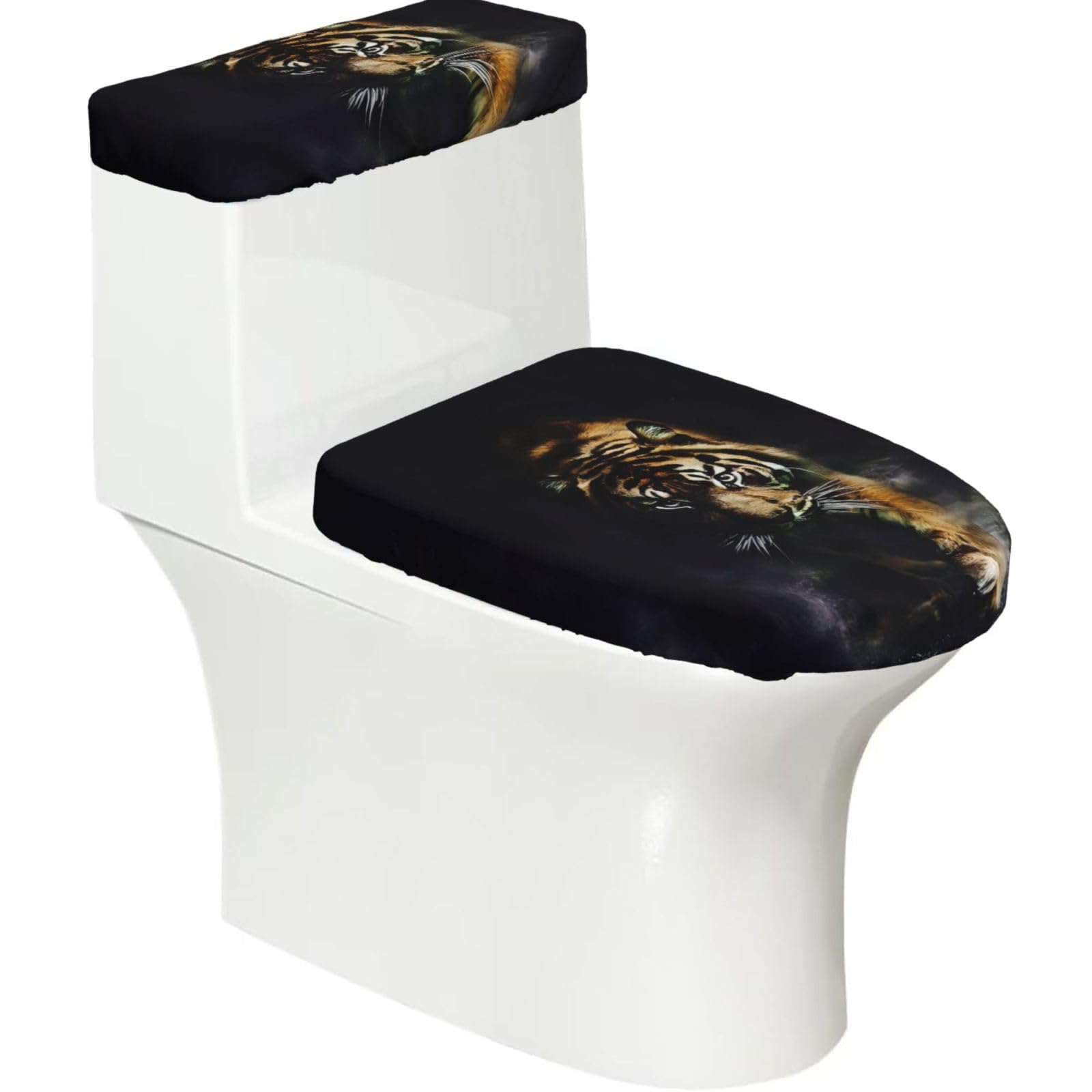 Fierce Tiger 2-Piece Toilet Seat Cover Set with Tank Lid - Elastic for U-Shape & Elongated - Bathroom Decor