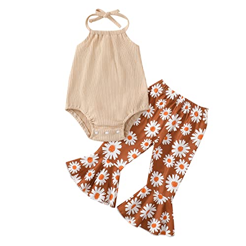Image of ADXSUN Newborn Baby Girl Summer Clothes Ribbed Romper+Striped/Floral/Cow Flared Pants Infant Outifts 0-18 Months