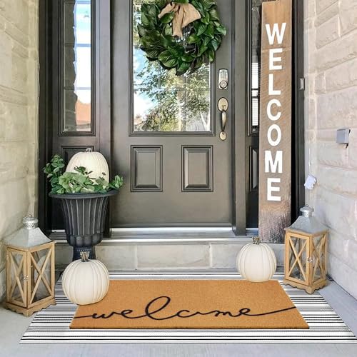 2 Pcs Summer Door Mat Coco Coir Welcome Doormat with Black and White Striped Mats Extra Thick & Non-Slip Backing for Farmhouse Front Porch Entryway Seasonal Layered Porch Dcor Floor Mat (Welcome)