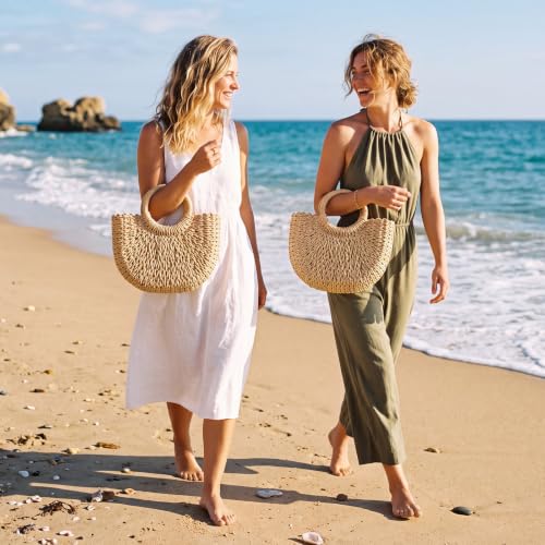 Image of BBTO 8 Pcs Semi Circle Straw Bag for Women, Rattan Woven Crossbody Bag, Retro Travel Bride Tote Handbag for Summer Beach