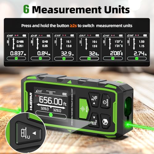 Image of Huepar Dual Laser Measuring Tool, 656Ft Green-Beam Bilateral Digital Laser Distance Measure 6 Units Ft /in /M, Rechargeable Laser Measurement Tool -Backlit LCD Display, Length /Area /Volume /Angle Sensor