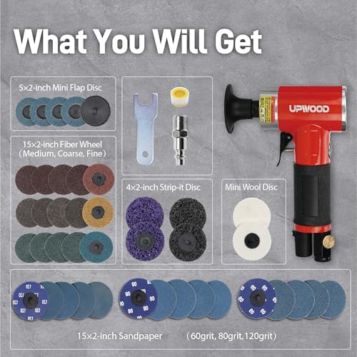 Pneumatic Mini Orbital Sander Grinder Polisher Kit, 2 inch Air Right Angle Surface Prep Tool with 41pcs Roll Lock Discs thumbnail 2
