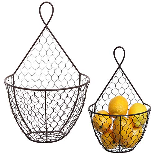 MyGift Country Rustic Brown Metal Hanging Fruit Basket, Wall Mounted Chicken Wire Vegetables and Produce Bin, Kitchen Storage Baskets, Set of 2
