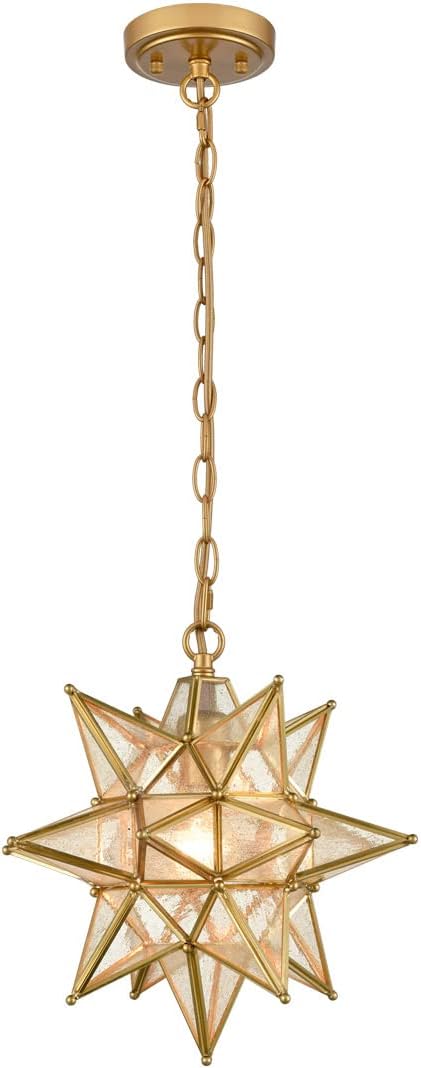 DIRYZON Modern Moravian Star Pendant Light Gold Hanging Ceiling Light Seeded Glass Pendant Lighting for Kitchen Island，13-Inch