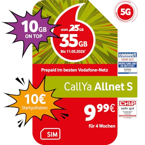 Vodafone Prepaid CallYa S | 35 GB statt 25 GB | 10 EUR Startguthaben | ohne Vertrag | 5G-Netz | Telefon- SMS-Flat | EU-Roaming