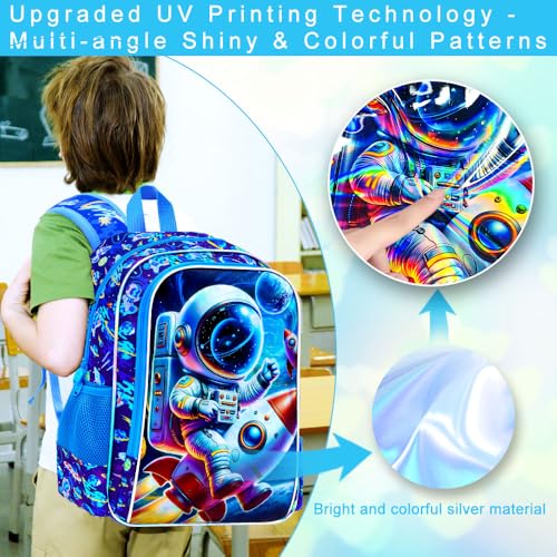 Image of 16 inch Space Backpack for Boys, 3Pcs Astronauts Bookbag with Lunch Box, Kids School Backpacks Set for Elementary Preschool Kindergarten (Blue)