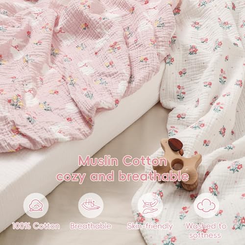 Image of david's kids Muslin Mini Crib Sheets, 2 Pack Cotton Pack N Play Sheets for Girls, Soft Breathable Baby Sheets Fit Pack N Play, Playard and Mini Crib Mattresses, Rabbit