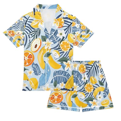 senya Summer Fruit Lemon Satin Summer Pajama Sets Silk Short Sleeve Button Down Sleepwear