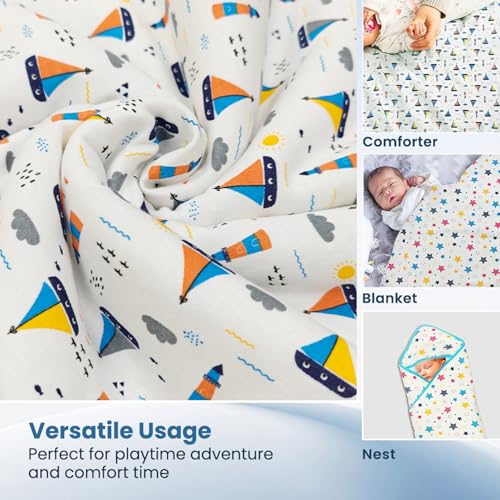 Image of Tinylane 100% Cotton Baby Blanket Cum Comforter, All Season Baby Blankets Newborn, Baby Blanket for 0-2 Years, Blanket for Newborn Baby, New Born Baby Essentials, Pack of 2 | (Boat & Star Print)