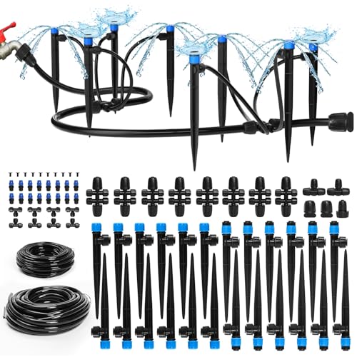 Bonviee Drip Irrigation System, 230FT Garden Watering System with Quick-to-Connect Fittings, Adjustable Drip Emitters, 1/4” & 5/16” Tubing, Drip Irrigation Kit for Raised Garden Beds, Greenhouse, Lawn