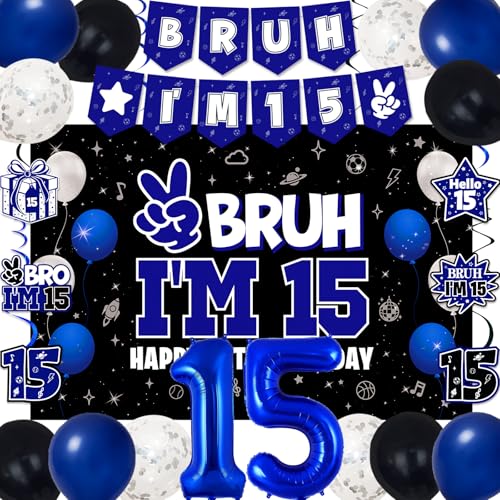 Image of 15th Birthday Decorations for Boys and Girls, Blue and Black Happy 15th Birthday Party Decorations, Bruh I'm 15 Backdrop, Foil Balloons 15, Banner, Balloons, Hanging Swirls, Birthday Card Set 41pcs