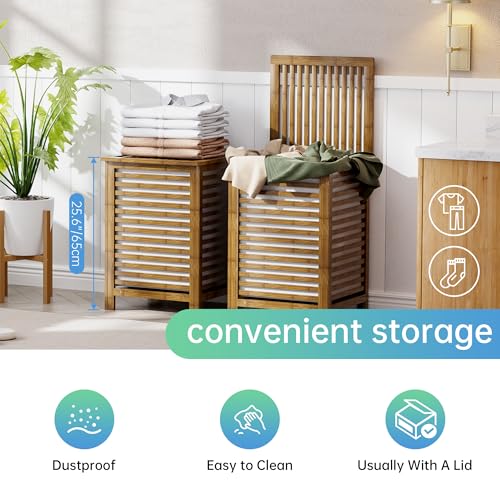 SMIBUY Double Laundry Hamper with Lid, 120L Bamboo Laundry Basket with Removable Liner Bag, 2-Section Clothes Divider Laundry Sorter for Laundry Room, Bathroom, Bedroom (Walnut) - Image 6
