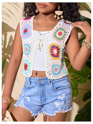 Floerns Girl's Floral Boho Crochet Tank Top Tie Front V Neck Sleeveless Crop Tops2