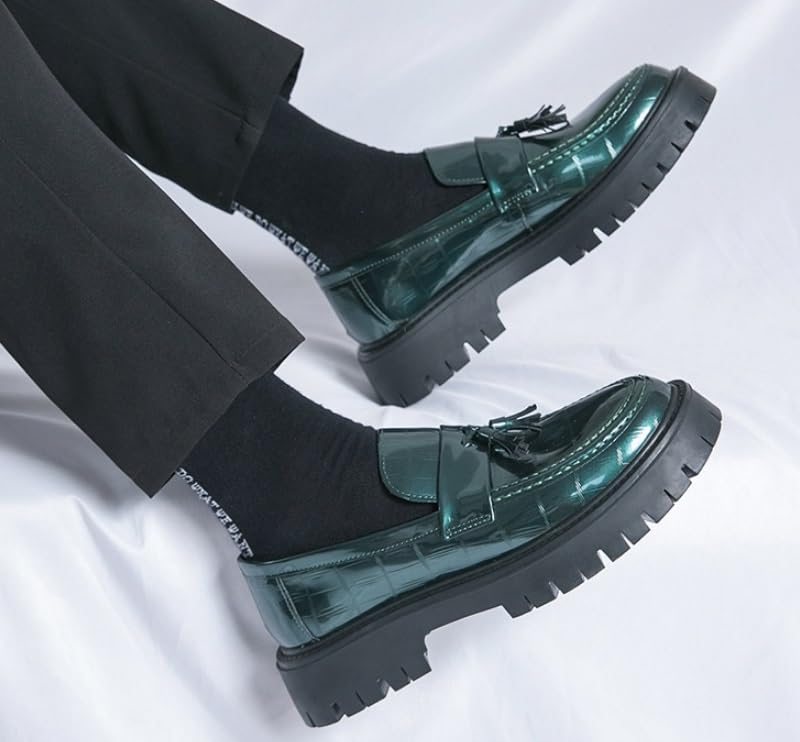 Men's Fashion Patent Leather Loafers Tassel Lug Sole Slip-on Casual Shoes Platform Round Toe Outdoor Low Top Non-Slip Business Dress Shoes4