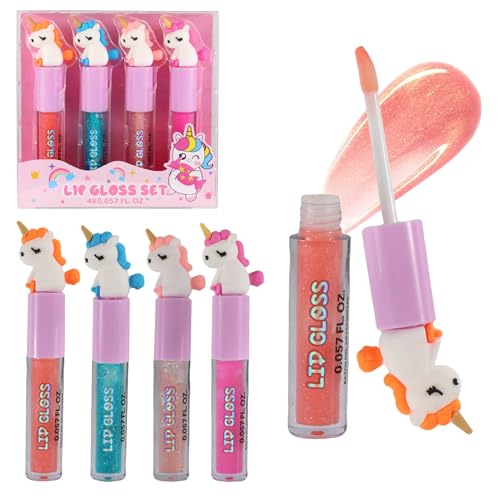 M&U MAKE YOU UP 4pc Unicorn Lip Gloss Stick for Girls- Party Favors Glossy Lip Set with Magic Topper Girls Birthday Gift Princess Theme Gift (4 Pack) - Non Toxic