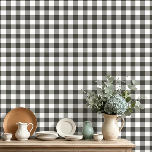 Cohoo Home Plaid Peel and Stick Wallpaper Black White Gingham 17.3”×393”