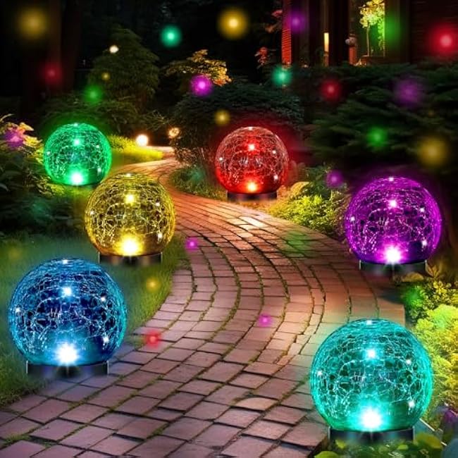 6pc Extra Large Solar Globes Outdoor Cracked Glass Ball Crstl Multi-Color Pre Lit Glob Light Waterproof Yard Lawn Garden Decor (4.72)