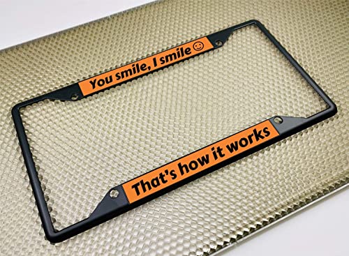 Image of Personalized with Custom Text Design - 4 Hole Black Metal Laser Engraved US Standard Size - Car License Plate Frame with Free caps - Orange /Black Text (Qty: 1 Frame)