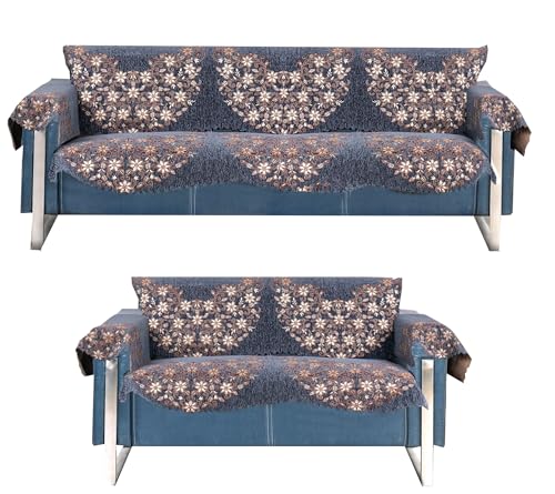 Image of Premium Chenille Woven Anti-Slip 3 Seater + 2 Seater Sofa Cover with Arm Rest | L-Shape Sofa Seat Protector for Living Room | Durable & Stylish Slipcover - Grey Phoolkari