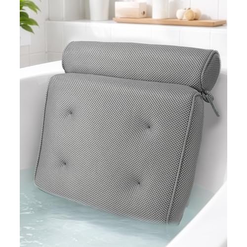 Everlasting Comfort Luxury Bath Pillow for Tub – Quick-Dry 4D Mesh – Gray