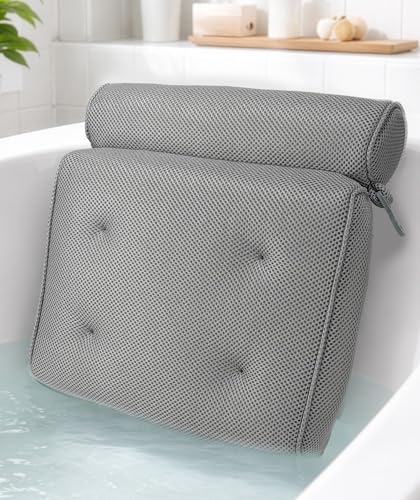 Everlasting Comfort Luxury Bath Pillows for Tub with Head and Neck Support - Non-Slip Bathtub Pillow with Suction Cups Quick-Drying Mesh & Drying Hook - Jacuzzi & Spa Accessories for Women - Gray