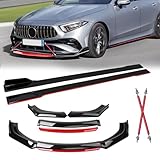 TOMICOB 4Pcs Front Bumper Lip Chin Spoiler Splitter Diffuser Air Dams Fit 72.2' Width Cars with 6Pcs 78.7' Side Skirts Extension Rocker Panels + 2Pcs Adjustable 8-11' Splitter Rods, Glossy Black w/Red