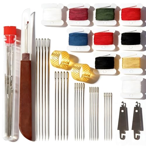 RZHHTTQ 41PCS Big Eye Steel Sewing Needles Kit - Stainless Steel Needles for Hand Sewing with Thread Ripper, Threaders, Thread and Thimbles for Quilting, Denim Repair