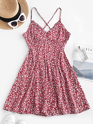 Image of ZAFUL Women's Ditsy Print Puff Sleeve Ruched Mini Mermaid Dress Daisy Floral Off Shoulder Frilled Dress